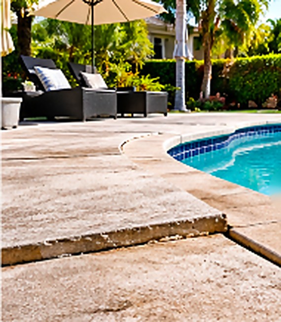 Before: Pool deck with a sunken, uneven slab and a trip edge