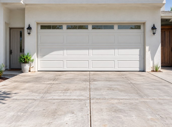 Level concrete driveway slab in front of a white garage door