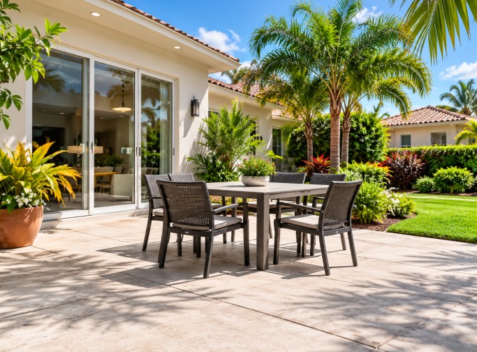 Level concrete patio with outdoor dining set