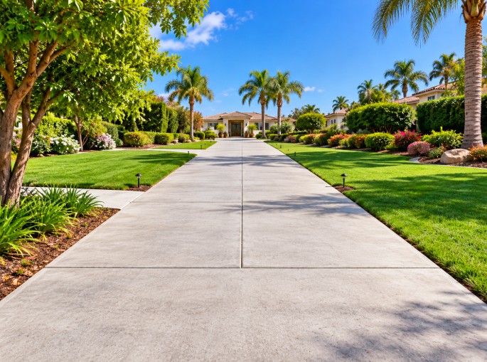 Even concrete sidewalk lined with grass